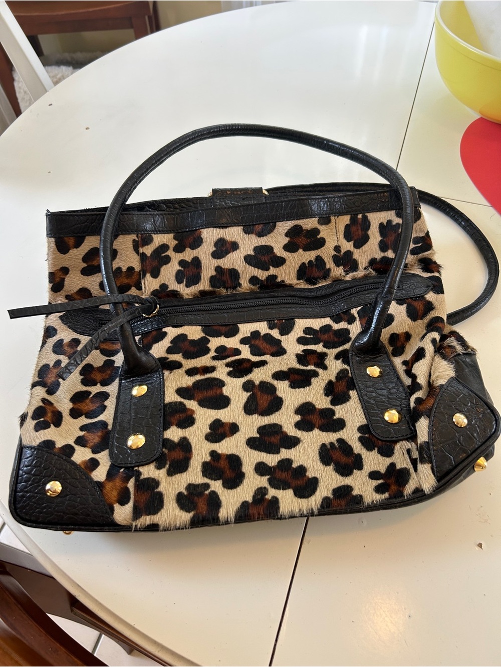 Leopard Print Faux Fur Satchel Handbag - Black Trim